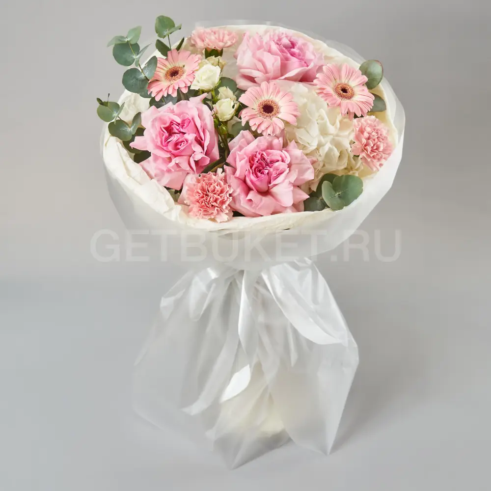 219732 Букет с розами, герберой и и гортензией 