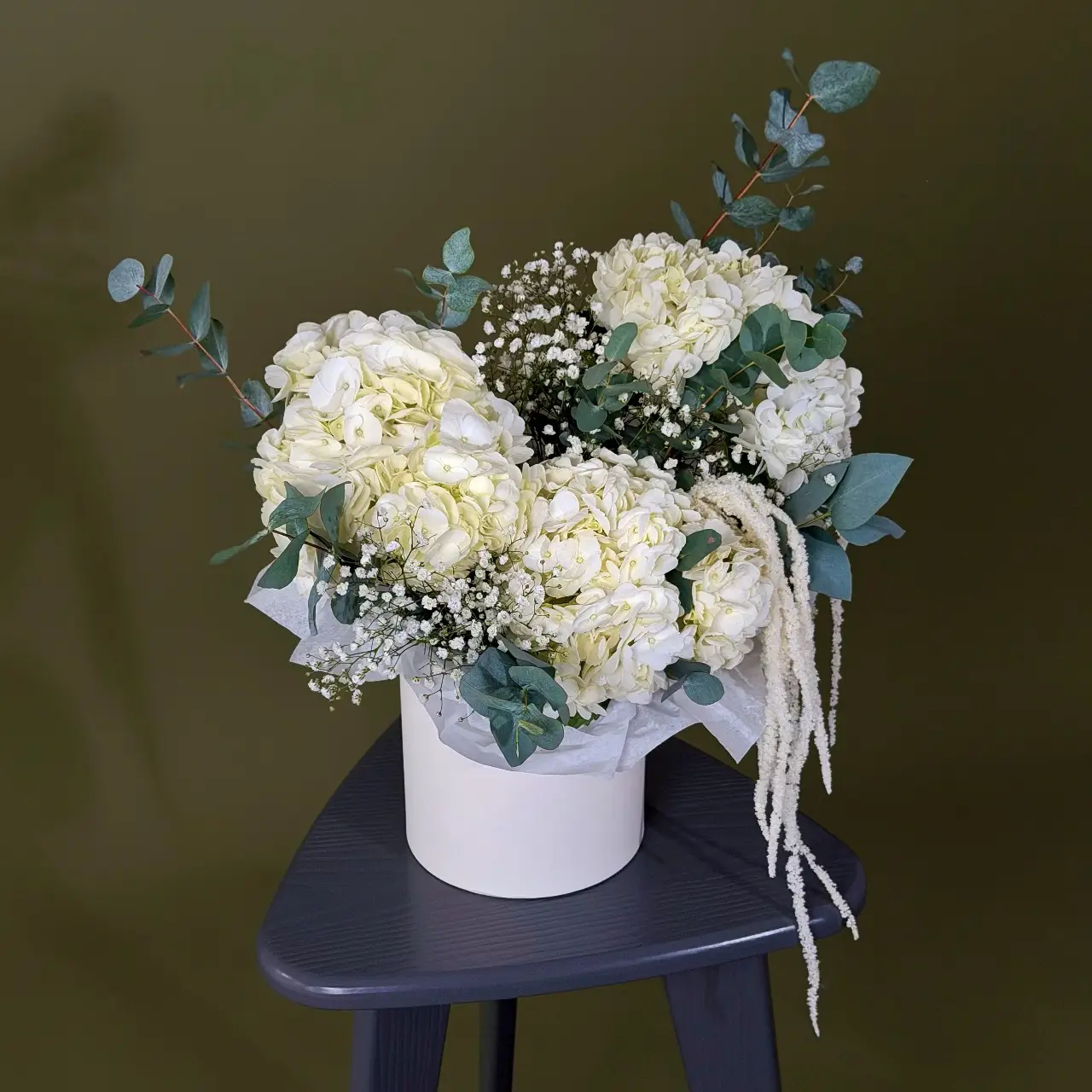 Цветочная композиция из гортензий с гипсофилой в шляпной коробке